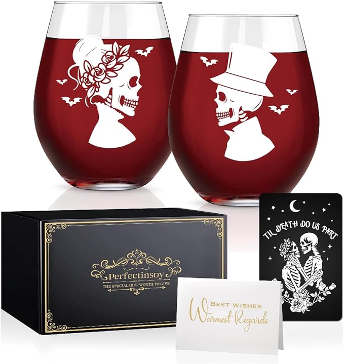 Perfectinsoy Skull Wine Glass 2 Piece with Gift Box, Zombie Design, Valentine's Day Autumn Halloween, Anniversary Wedding Gifts, Couple Gifts for Boyfriend and Girlfriend. (Skull Set of 2 A)