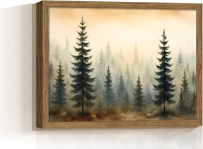 Winter Forest Framed Wall Art, Mist Woodland Pictures Wall Decor, Pine Tree Christmas Canvas Prints, Nature Landscape Decoration for Bedroom Bathroom, Rustic Xmas Holiday Gifts 8x10 Inch