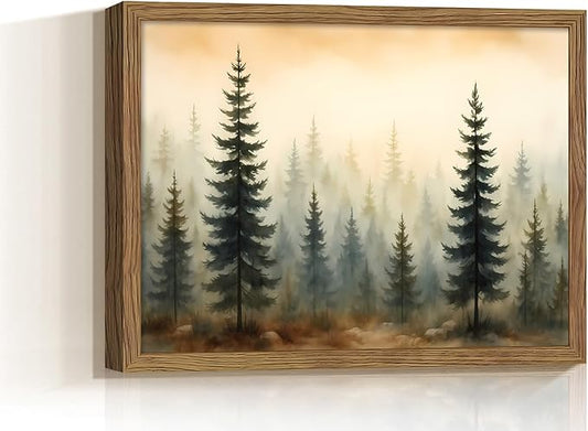 Winter Forest Framed Wall Art, Mist Woodland Pictures Wall Decor, Pine Tree Christmas Canvas Prints, Nature Landscape Decoration for Bedroom Bathroom, Rustic Xmas Holiday Gifts 8x10 Inch