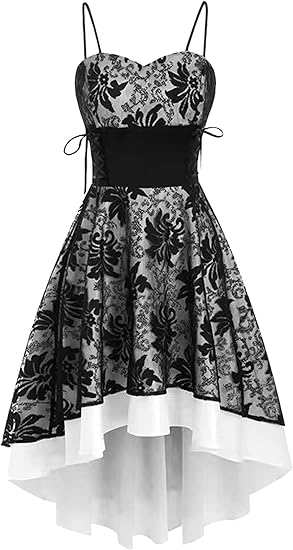 Steampunk Gothic High Low Dress for Women Vintage Floral Lace Dress Spaghetti Strap Lolita Dress Lace Up Corset Dresses