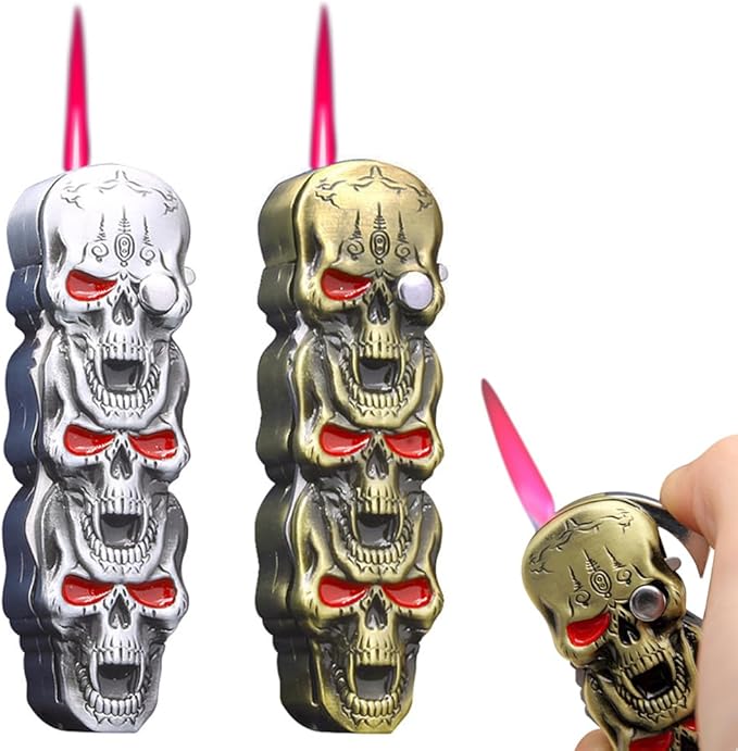 2 Pack Golden and Silver Skull Windproof Butane Jet Torch Lighter,Funny Cool Lighters,Adjustable Jet Flame Torch,Refillable,Grill BBQ Candle Camping(Without Gas)