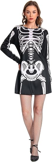 Halloween Skeleton Costume Dress for Women, Stretchy Long Sleeve Skull Dress Novelty Print Sexy Outfits