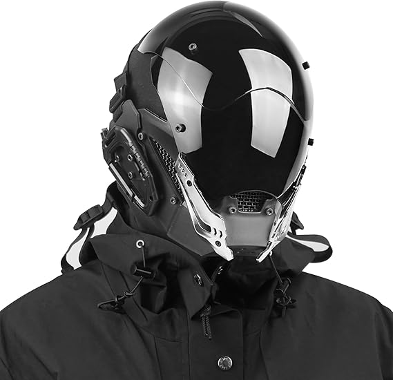Punk helmet mask with silver decorative design, techwear helmet for cosplay, Halloween mask, music festivals, parties