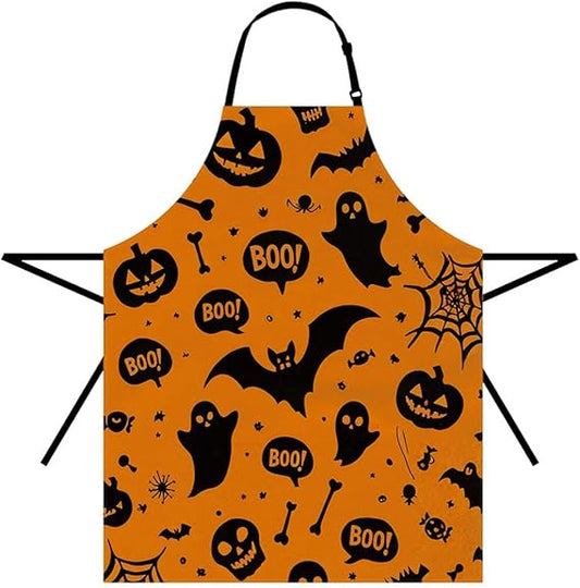 Moslion Halloween Orange Festival Pattern Apron Pumpkin Skull Bat Spider Ghost Bones Candy Kitchen Chef Waitress Cook Aprons Bib with Adjustable Neck for Women Men Girls 27x31 Inch