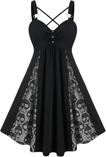Womens Plus Size Dresses Sleeveless V-Neck Gothic Vintage 50S Spaghtti Strap Swing Maxi Dress