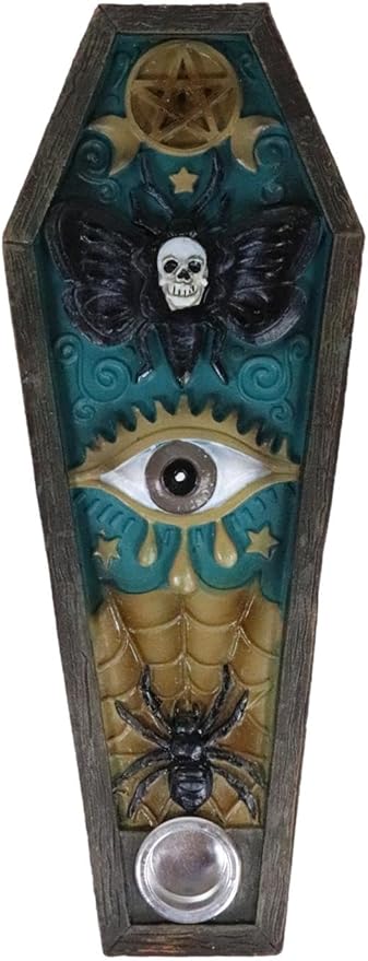 Ebros Gift Wicca Occultic Pentagram Skull Evil Eye Black Spider Metaphysical Coffin Incense Stick Holder and Backflow Incense Cone Burner Figurine Halloween Macabre Vampire Casket Accent