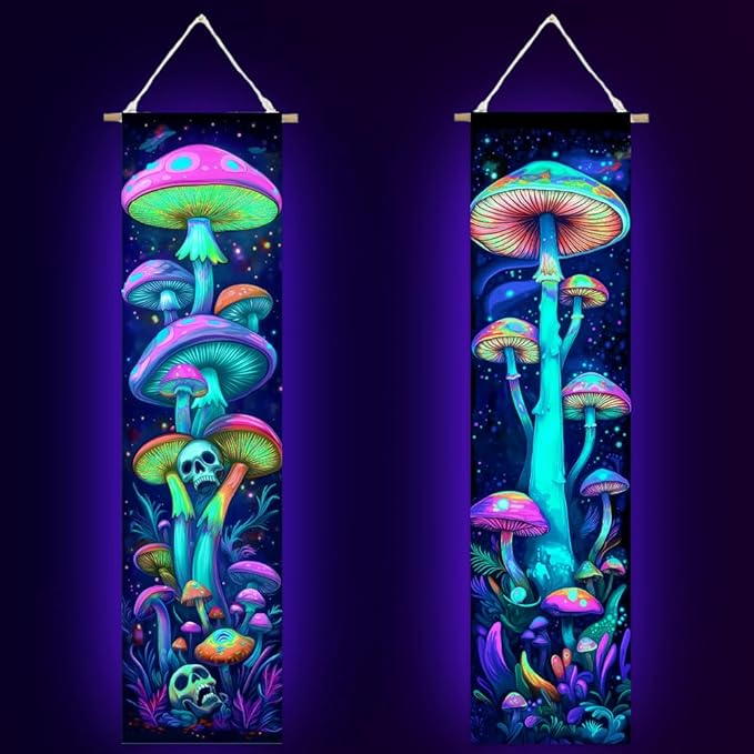 ACRNIGHEET Pack of 2 Tapestry Mushroom Blacklight Tapestry UV Reactive Poster Black Light Tapestries Mushroom Aesthetic Room Hanging Backdrop for Bedroom Home Decoration
