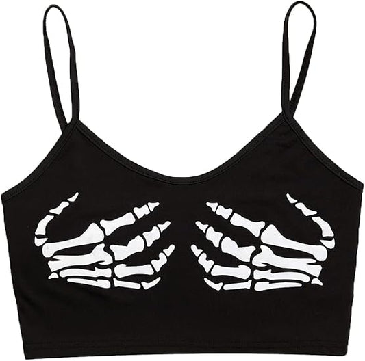 Women's Skeleton Skull Print Scoop Neck Spaghetti Strap Crop Cami Top