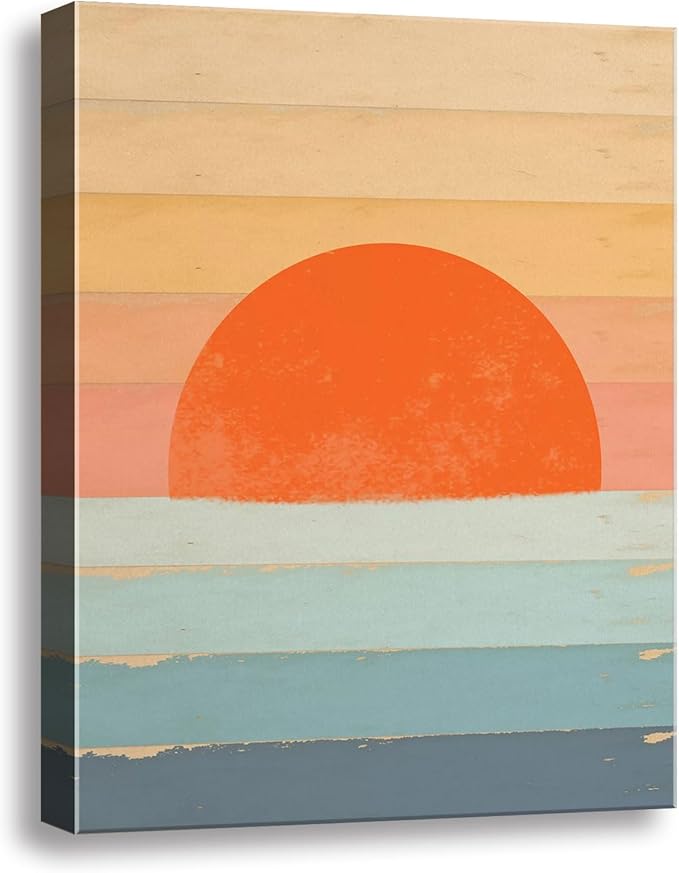 Boho Sun Wall Art, Framed Canvas Wall Art Rainbow Sun Rising on the Horizon Geometric Nature Illustrations Line Art Wall, Mid-Century Modern Prints Boho Wall Decor for Living Room, Bedroom, Bathroom,