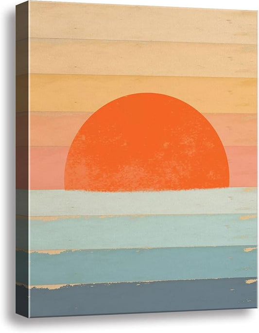 Boho Sun Wall Art, Framed Canvas Wall Art Rainbow Sun Rising on the Horizon Geometric Nature Illustrations Line Art Wall, Mid-Century Modern Prints Boho Wall Decor for Living Room, Bedroom, Bathroom,