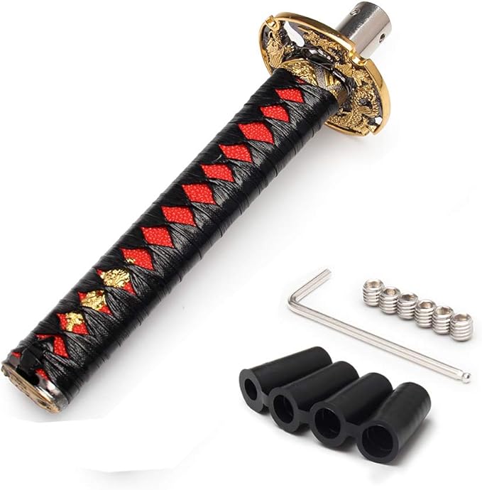 Htostar Racing Katana Samurai Sword Shift Knob Shifter Katana Cortex disc Universal Fit for Manual Cars with Adapters Black + Red（20cm）