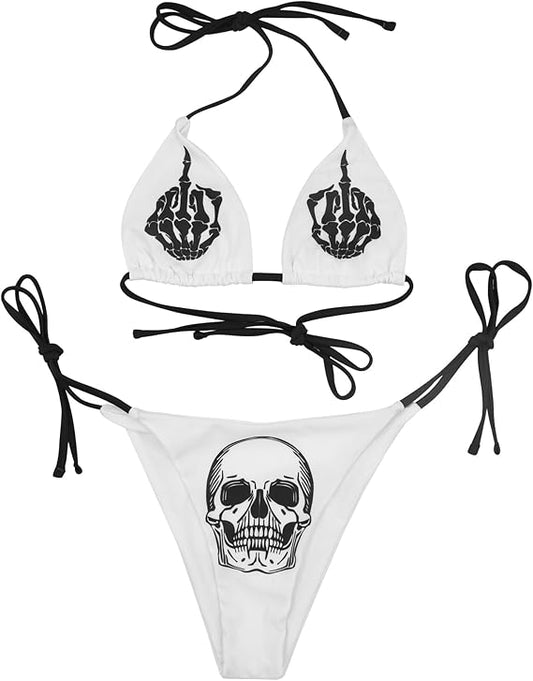 Women Skull Letter Pattern Goth Bikini Set 2 Piece High Waist Bandeau Swimsuit