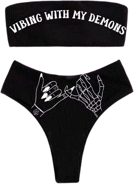 Women's Letter Skull Print Goth Swimsuit 2 Piece Sexy Strapless Bandeau Bikini High Waist Bathing Suit Festival Outfit