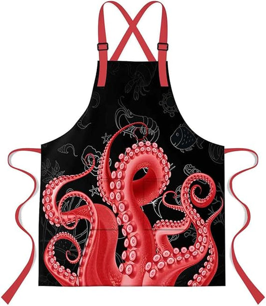 Tentacle Monster Apron 33.4x27.5 Inches Cartoon Marine Animal Octopus Tentacles Pattern Printed Bib Apron for Home Kitchen Cooking Chef Apron WQXTMN155