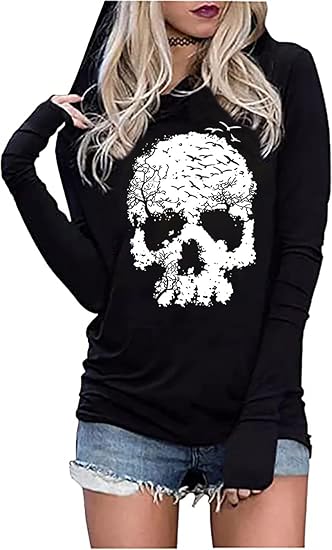 Skull Hoodie Tshirt Women Vintage Gothic Graphic Tees Halloween Hoodies Casual Fall Long Sleeve Pullover Tops