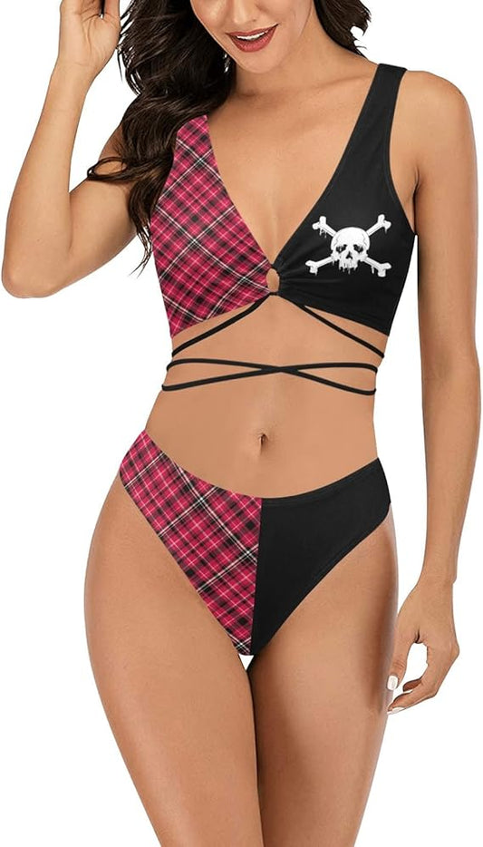 MEOWCOS Women's Bikini Sets Cross Lace-up Swimwear Two Piece Bathing Suit Skull Red Plaid Pattern Top and Shorts