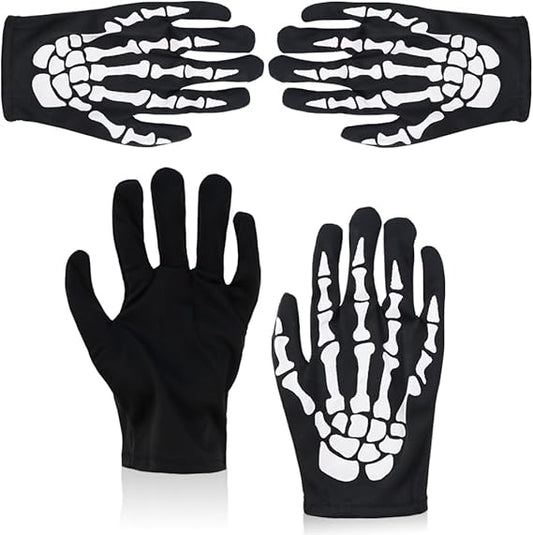 2 Pairs Skeleton Gloves - Halloween Accessories, Spooky Skull Bones Black Gloves
