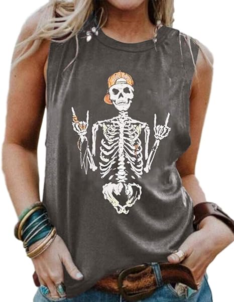 Womens Funny Skull Graphic Tank Tops Summer High Neck Sleeveless Workout Tee Shirts