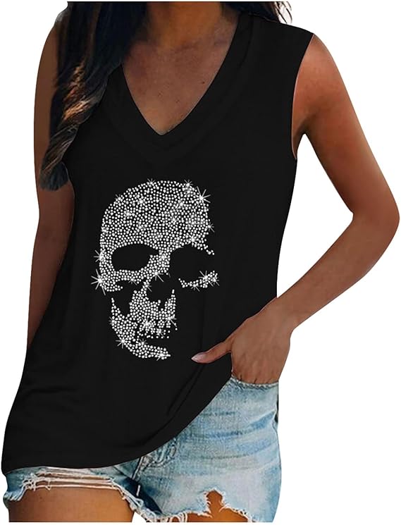 Womens Rhinestone Skull Tank Tops Long Short Sleeve Summer V Neck Sleeveless Shirts