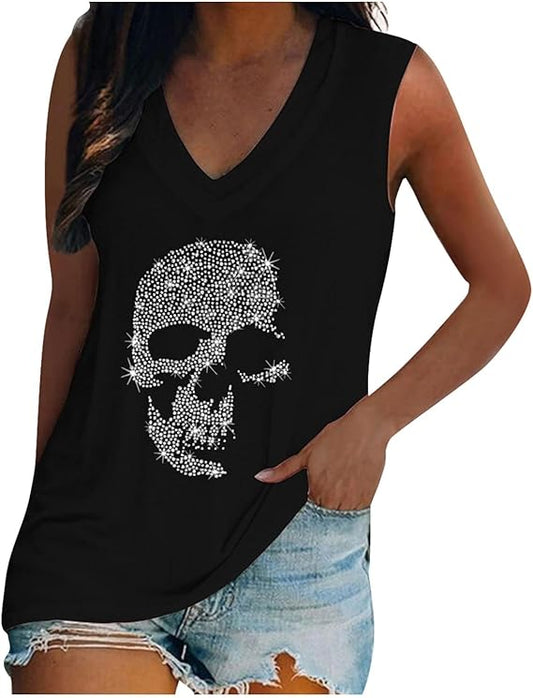 Womens Rhinestone Skull Tank Tops Long Short Sleeve Summer V Neck Sleeveless Shirts