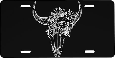 Front License Plate Longhorn Cattle Skull Vanity Plates Aluminum Metal Decorative Car Tag Novelty License Plate Cover for Men Women 6 * 12 in (4 Holes)