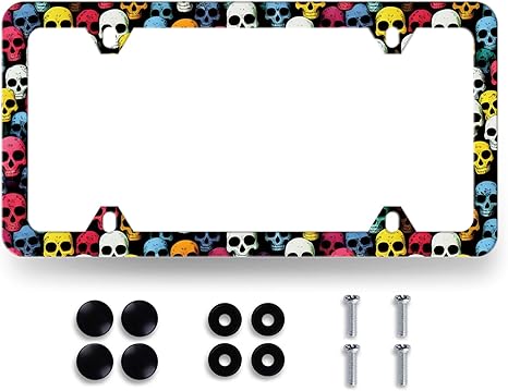 Colorful Skull License Plate Frame Bright Skulls Print License Plate Funny Stainless Steel Accessory Beautiful License Plate Personalise Decoration with Screws 12.3" x 6.3" Men Women