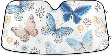Windshield Sun Shade for Car Truck & SUV - Vintage Blue Butterfly Folding Auto Front Window Sunshade, Shield Cover for Car Screen, Protector Blocks UV Rays and Keeps Vehicle Cool (55 x 27.6 Inch)