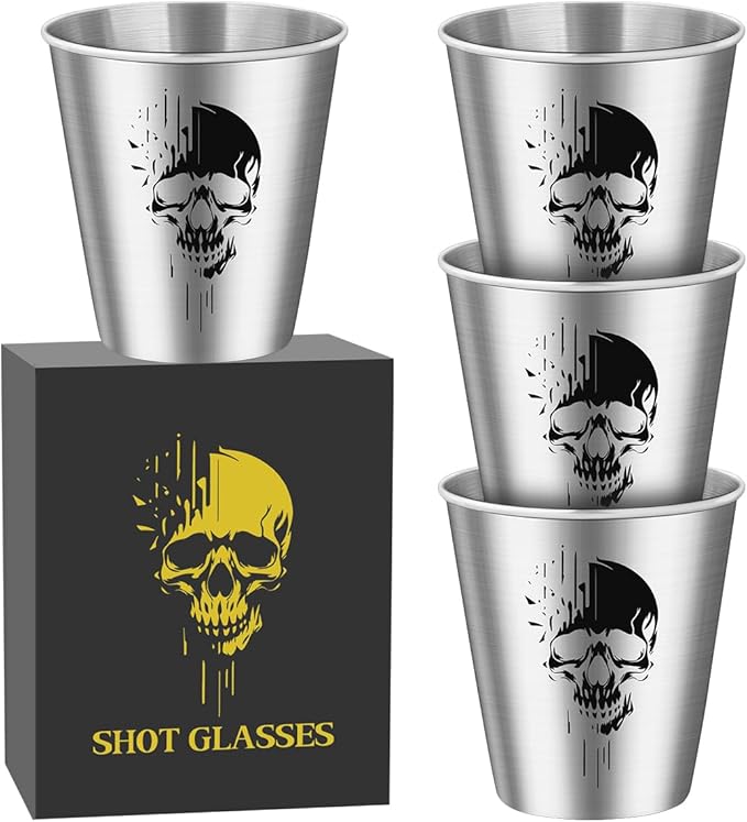 Stainless Steel Shot Glasses with Black Skull, Set of 4, 70 ml, with Gift Box, Stackable Drinking Cup, Party Cup, Father's Day Gift, Gifts for Gothic Fan, Wedding, Birthdays, Picnic, Camping