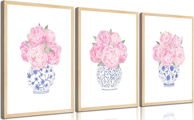 3pcs Pink Peonies Floral Wall Art Chinoiserie Blue And White Vase Wall Decor Pictures Preppy Aesthetic Canvas Posters Prints for Dorm Apartment Woman Bedroom Decoration Unframed (Posters, 12x16in)