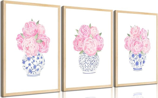 3pcs Pink Peonies Floral Wall Art Chinoiserie Blue And White Vase Wall Decor Pictures Preppy Aesthetic Canvas Posters Prints for Dorm Apartment Woman Bedroom Decoration Unframed (Posters, 12x16in)