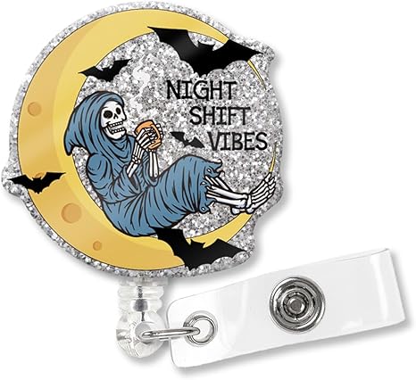 XQLZY Night Shift Vibes Silver Glitter Cute Badge Reel Retractable Band Shark Clip, Funny Halloween Skull Bat Badge Clip Gift for Nurse Doctor Worker Colleague