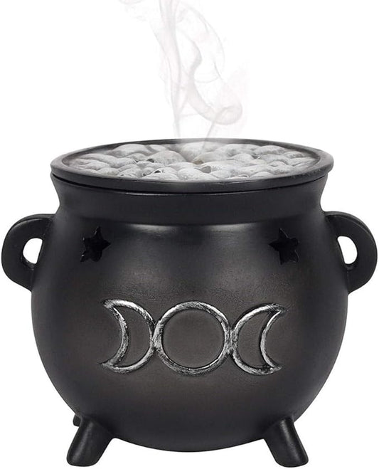 Green Tree Triple Moon Cauldron Incense Holder, Black