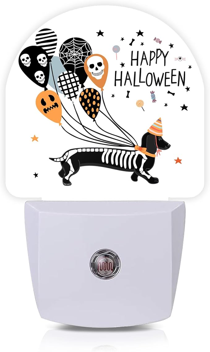 Halloween Dachshund Dog Skeleton Night Lights Plug into Wall for Girls Boys Room,Night Light LED Lamp Dusk to Dawn Sensor Round Lamp for Bedroom Bathroom Hallway Home Wall Decor Nightlight