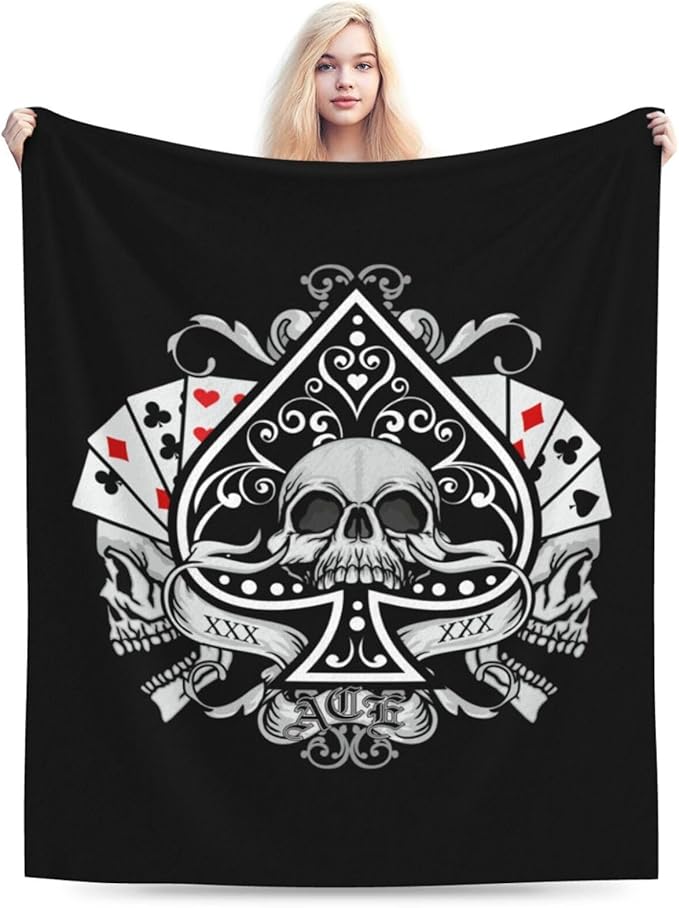 Skull with Playing Card Spades Throw Blanket for Couch 80"x60" Soft Cozy Blanket Lightweight Flannel Blanket