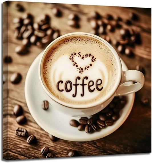 XLMDYYSW Coffee Wall Art Vintage Brown Black Coffee Pictures Kitchen Canvas Prints Coffee Beans and Coffee Painting for Dining Room Bar Home Decor Framed (White, 16L x 16W)