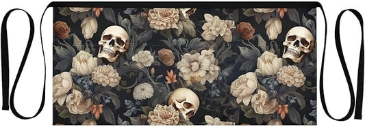 DOMIKING Florals Skulls Black Server Aprons with 3 Pockets Waitress Waiter Chef Apron Short Half Apron for Cooking Kitchen Baking