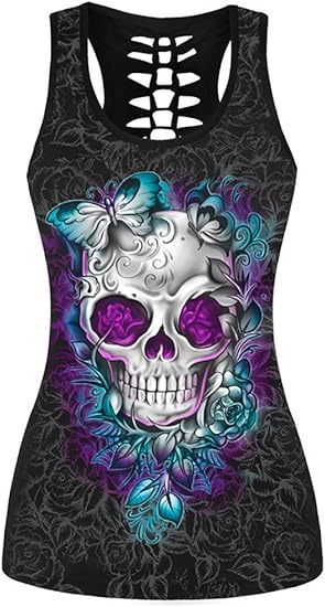 Women's Skull Print Hollow Out T-Shirt Crew Neck Plus Size Tank Top