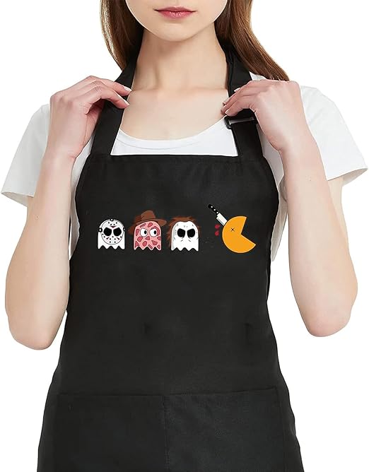 Halloween Aprons for Women with 2 Pocket Horror Movie Graphic Waterproof Adjustable Bib Apron for Kitchen Cooking BBQ