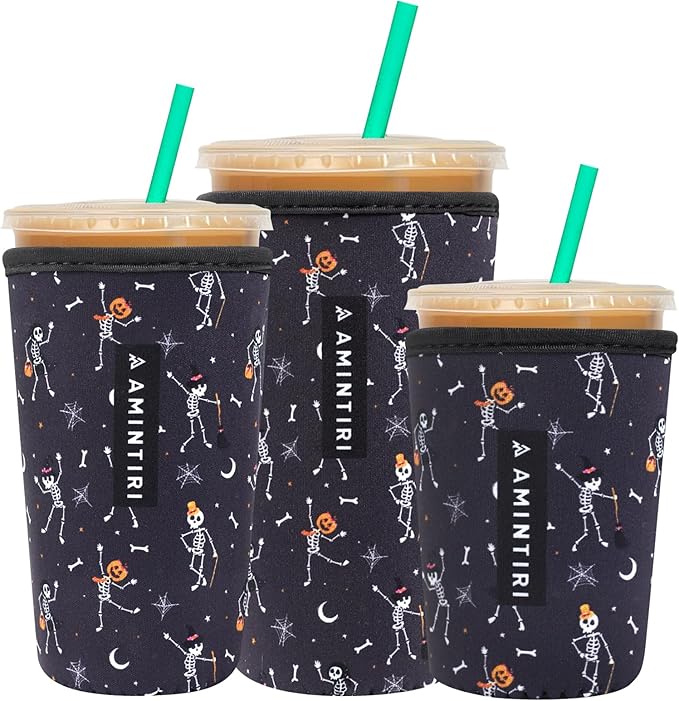 3 Pack Reusable Sleeve for Iced Coffee Cup, Coffee Neoprene Sleeve for Iced&Hot Drinks, Coffee Sleeve Compatible with Starbucks, Dunkin Coffee Cup. (Dancing Skull)