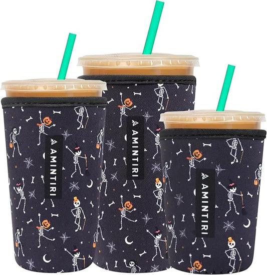 3 Pack Reusable Sleeve for Iced Coffee Cup, Coffee Neoprene Sleeve for Iced&Hot Drinks, Coffee Sleeve Compatible with Starbucks, Dunkin Coffee Cup. (Dancing Skull)