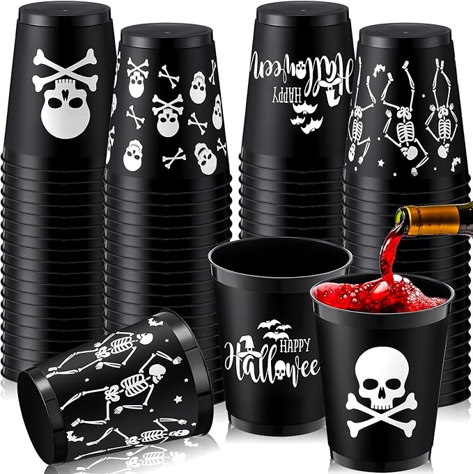 Lallisa 100 Pcs 16 oz Halloween Cups Bulk Halloween Party Plastic Reusable Drinking Cups Scary Print Party Favors Decorations for Adults Kids(Skull)