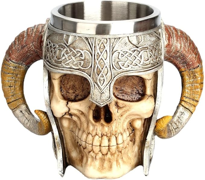Skull Beer Cup, Skull Viking Drinking Mug, Skeleton Resin Beer Stein Tankard, Coffee Tea Cup, Halloween Bar Drinkware Gift (A1)