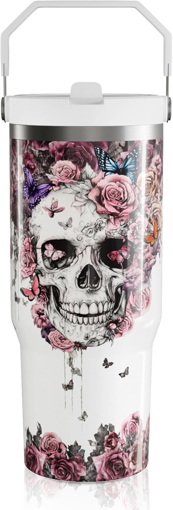 30oz Skull Tumbler with Handle and Straw, Skull Gifts for Women, Reusable Stainless Steel Flowers Cup Insulated Leak Proof Travel Coffee Mug