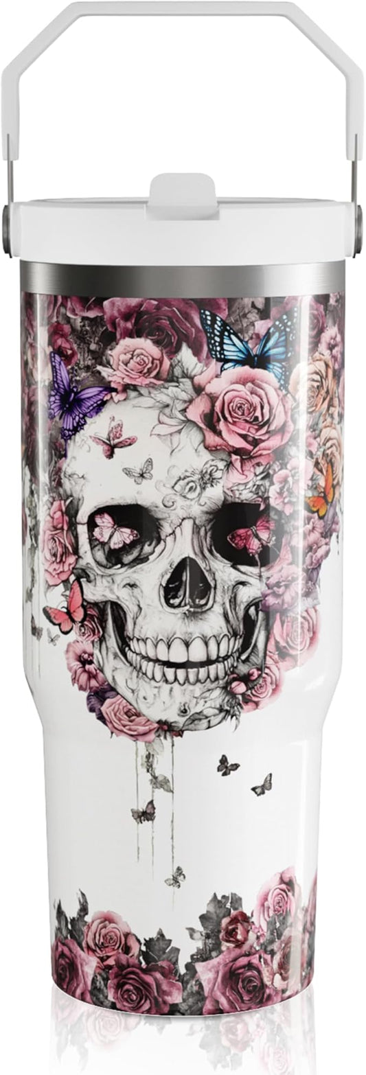 30oz Skull Tumbler with Handle and Straw, Skull Gifts for Women, Reusable Stainless Steel Flowers Cup Insulated Leak Proof Travel Coffee Mug