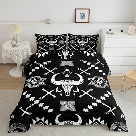 Feelyou Kids Western Bull Skull Comforter Full Size, Southwestern Aztec Comforter Set Boys Girls Boho Tribal Bedding Set Ethnic Bohemian Rustic Country Teens Duvet Set Bedroom Decor 3Pcs