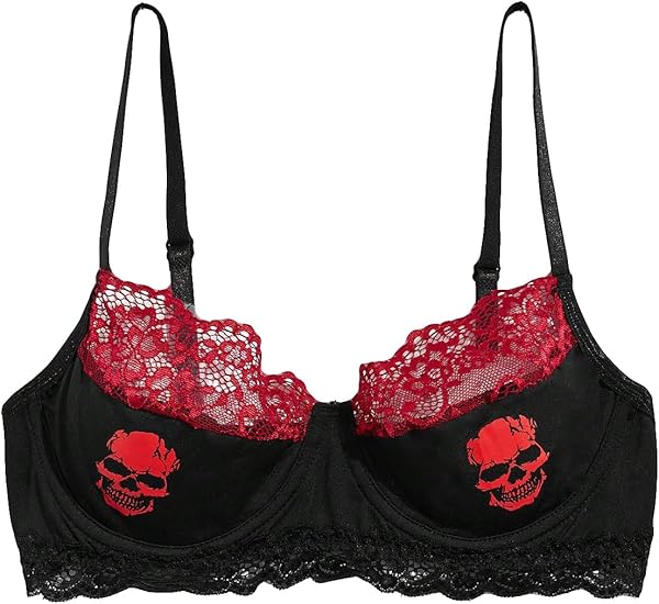 Bras for Women Contrast Lace Skull Print Underwire Bra Everyday Bralette