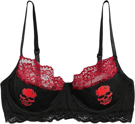 Bras for Women Contrast Lace Skull Print Underwire Bra Everyday Bralette
