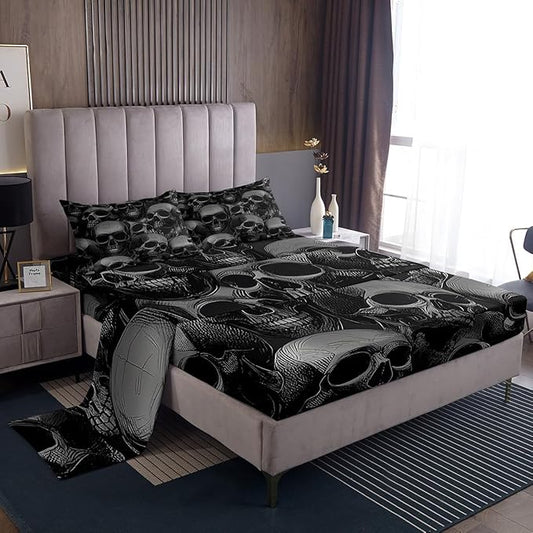 Sugar Skull Bed Sheets Set Gothic Skeleton Sheet Set for Kids Boys Girls Teens Room Decor Pesonalized Skeleton Bones Sheets with Deep Pocket Fitted Sheet Halloween Themed Grey Bedding Set 4Pcs Full