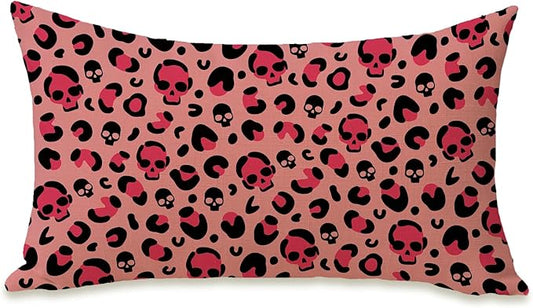Fahrendom Pink Leopard Print Lumbar Decorative Rectangle Pillow Cover 12 x 20, Skull Cheetah Porch Patio Outdoor Pillowcase, Halloween Sofa Couch Cushion Case Home Decor