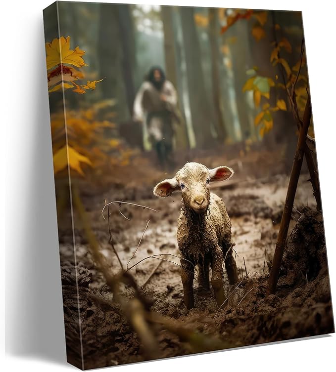 Religious wall decor for prayer room Christian wall art for Christmas decorations indoor Jesus and Lamb canvas wall prints Jesus Running After Lost Lamb Picture for home decor Baptism gifts for boys-girl serenity prayer wall art A-333